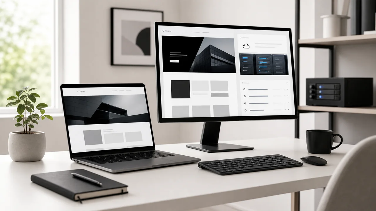 Moderner Webdesign- und Hosting-Arbeitsplatz mit Monitoren